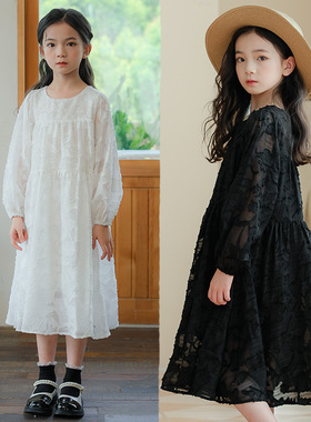 女童白色连衣裙2026秋冬中大童提花洋气长袖宽松蓬蓬蛋糕长裙B类