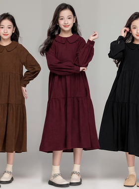 女中大童秋冬连衣裙灯芯绒日系娃娃领文艺森系长袖A字大摆蛋糕裙