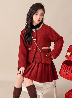 女童套装小香风夹棉外套短裙儿童拜年服加厚半身裙女孩冬季两件套