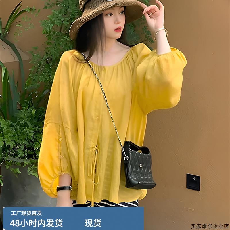 法国黄色灯笼袖女士防晒衬衫2025新款早秋系带衬衫宽松修身休闲上