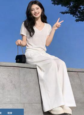 2026夏季新款流行穿搭减龄洋派时尚休闲运动白色短袖一整套装裤女