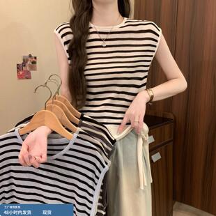 黑白条纹冰丝针织短袖t恤女装夏季2026新款飞飞袖高级感无袖上衣