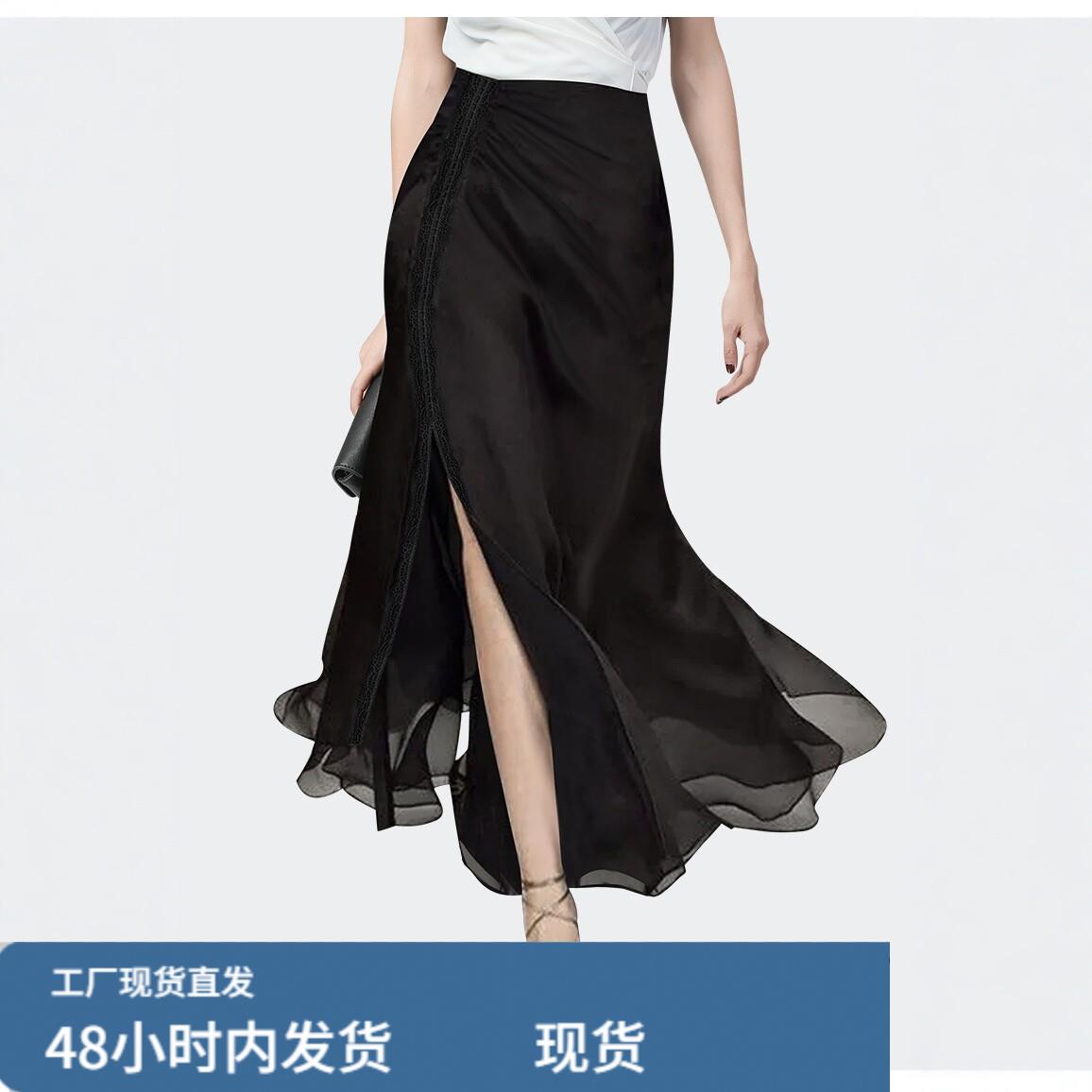 黑色高腰A字半身裙女夏季中长版飘逸开叉不规则裙摆洋派百搭裙子