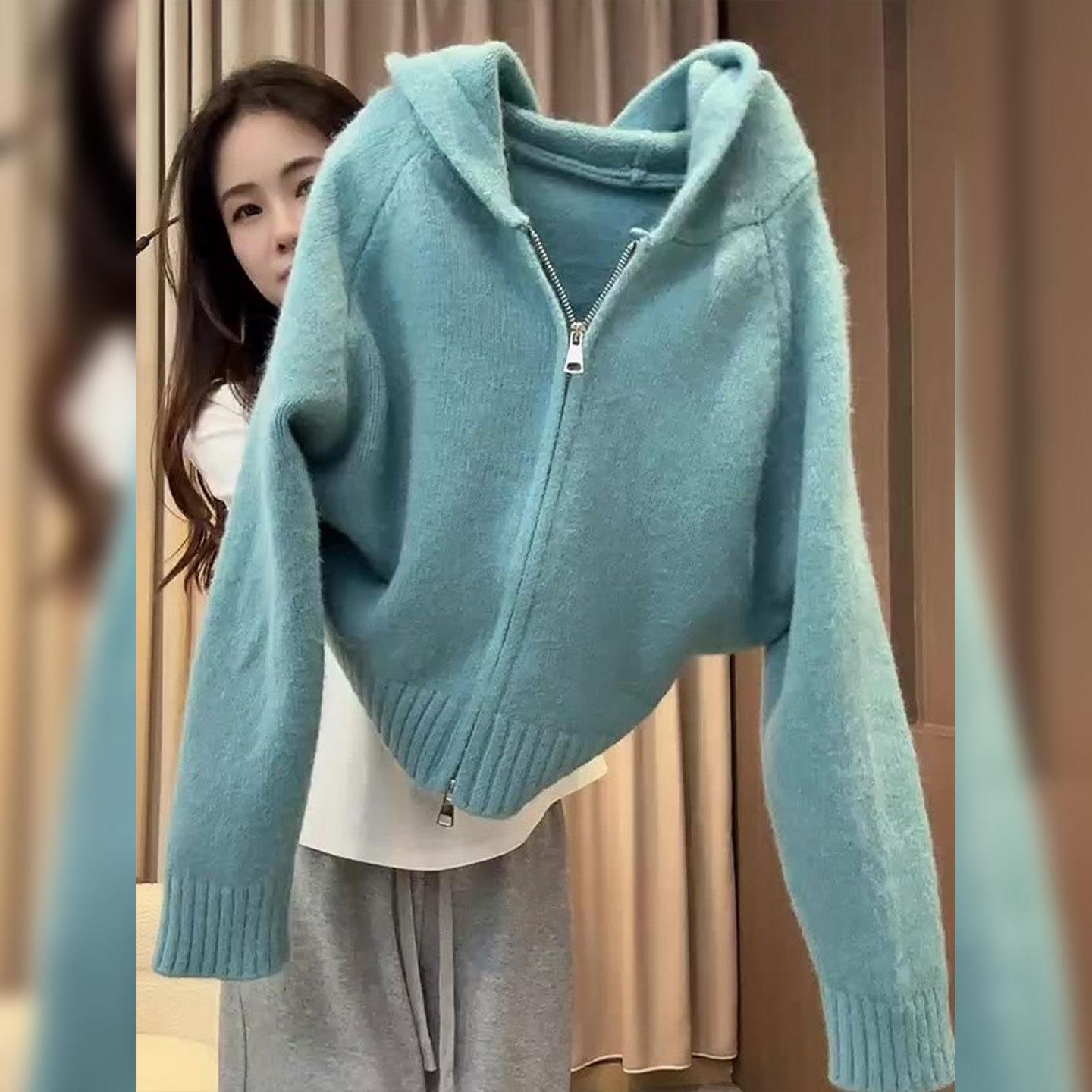 韩版蓝色针织毛衣女慵懒风百搭宽松显瘦气质休闲温柔甜美早秋2025