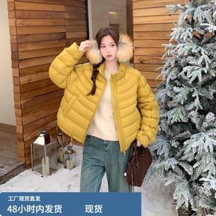 姜黄色短款排骨羽绒服2025新款女冬今年流行超火短款保暖立领外套