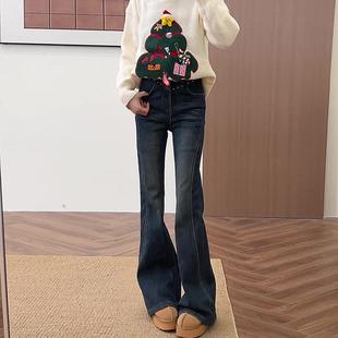 2025款巨好看的女裤深蓝色微喇牛仔裤小个子高腰修身显瘦喇叭裤子