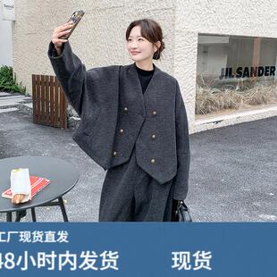 2025冬季淡人韩系深灰色复古气质感90羽绒内胆外套搭阔腿裤两件套