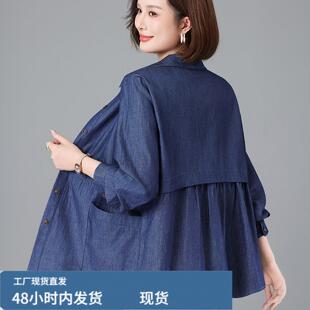 牛仔衬衫薄外套女士春秋新款大码开衫上衣中老年妈妈长袖洋气衬衣