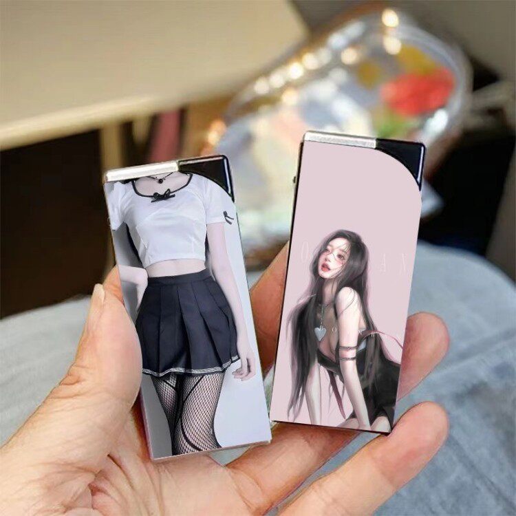 网红辣妹风美女印花打火机超薄高颜值个性创意防风充气便携小巧潮
