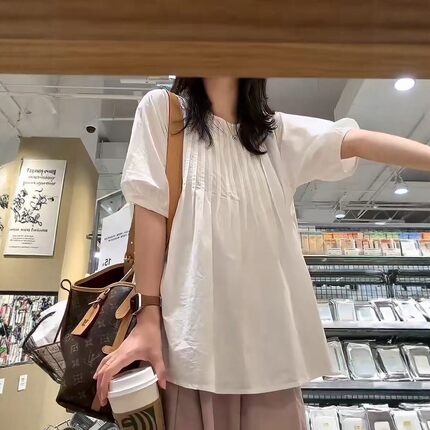精致感风琴褶娃娃衫棉春夏宽松显瘦七分袖衬衫温柔风通勤百搭上衣