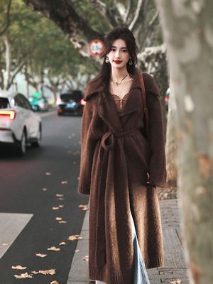 高级感大翻领毛衣开衫外套女秋冬新款中长款慵懒风宽松大衣针织衫