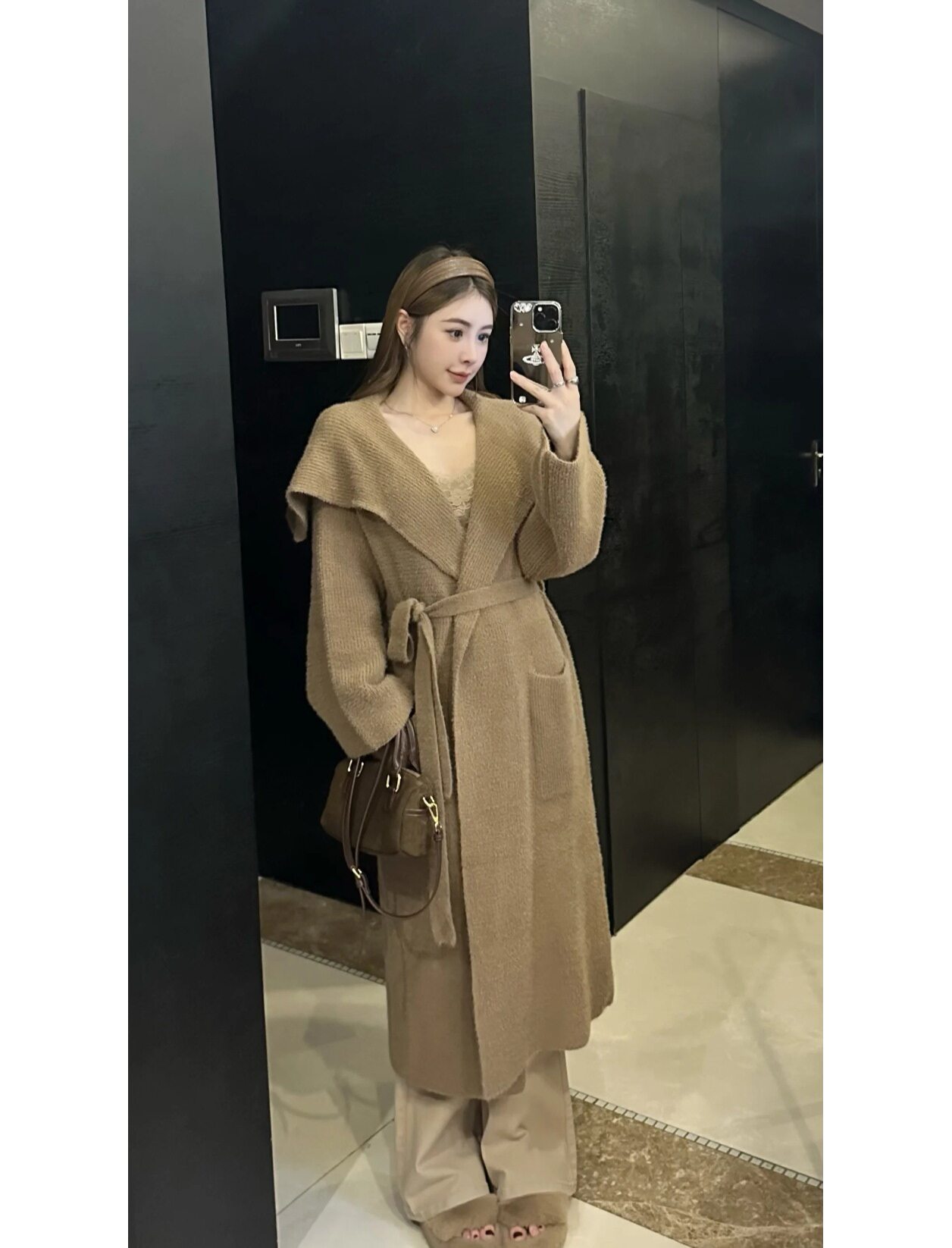 【温柔感】慵懒风大毛衣外套女秋温暖绒感大翻领上衣腰带开衫气质