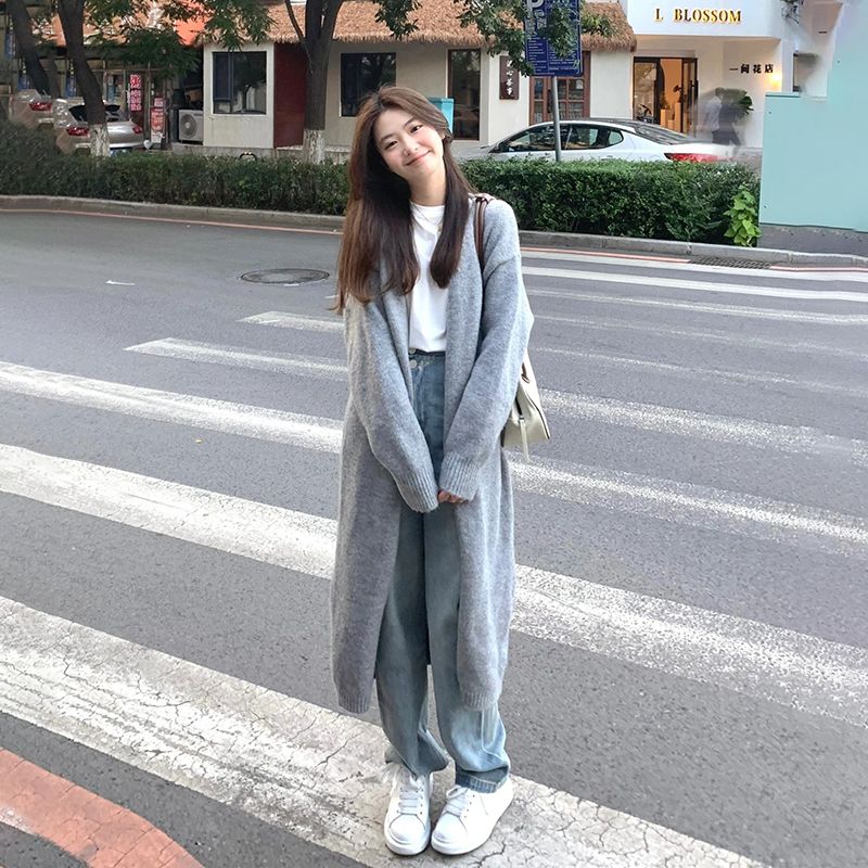春秋季灰色针织开衫外套温柔凡尔赛长款毛衣女宽松春装2023年新款