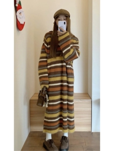撞色条纹卫衣连帽女秋冬韩系直筒宽松长款毛衣裙针织衫上衣长毛衣