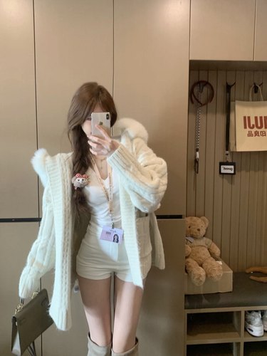 法式温柔风仿狐狸毛连帽开衫外套女秋冬季宽松百搭中长款针织上衣