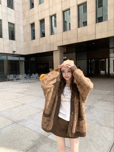 车迟恩Chien 豹纹羊毛针织开衫秋冬复古撞咖色宽松V领毛衣外套女