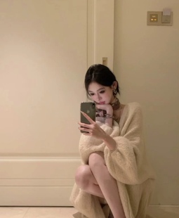 韩系软糯高级感慵懒风中长款针织开衫女秋冬加厚宽松毛衣外套大衣