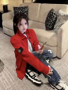 韩丝娜刺绣标高领长袖针织开衫女秋冬休闲宽松慵懒软糯毛衣外套
