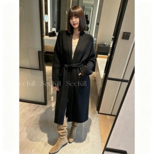 黑色长款系带针织开衫女秋冬慵懒风宽松大翻领收腰加厚毛衣外套