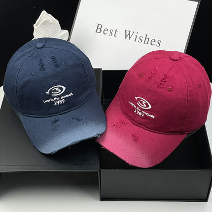 新款韩版刺绣字母棒球帽男女破洞做旧鸭舌帽显脸小遮阳大头围帽子