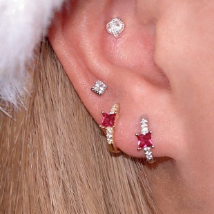 PUNCHLINE人间富贵花~显白玫红闪钻耳扣粉色锆石耳圈直针耳环耳钉