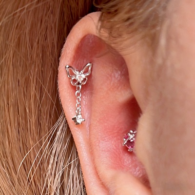 蝴蝶流苏锆石耳骨钉 拧螺丝耳钉敲迷你~精致耳蜗钉