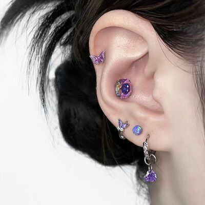 紫色蝴蝶爱心耳钉辣妹耳圈耳环
