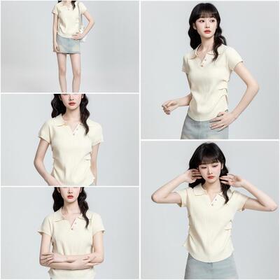 杏色POLO领针织短袖T恤女夏2026夏季新款褶皱收腰V领T恤短款上衣