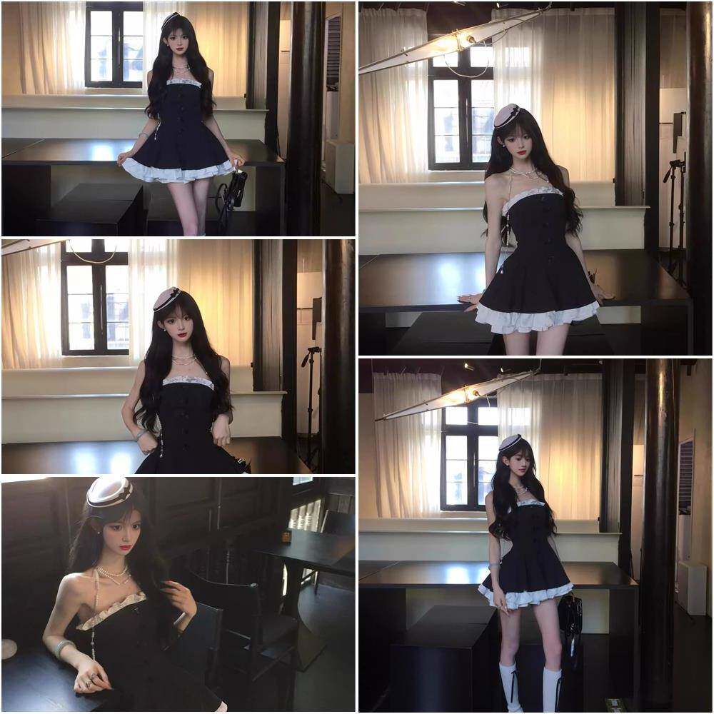 Ballet Hymn黑色抹胸连身裙 少女风收腰蓬蓬裙 蛋糕裙日常穿搭