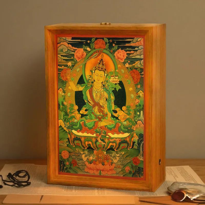 唐卡摆台藏族财神灯光画桌面供俸相框保佑招财氛围灯家庭和睦成品