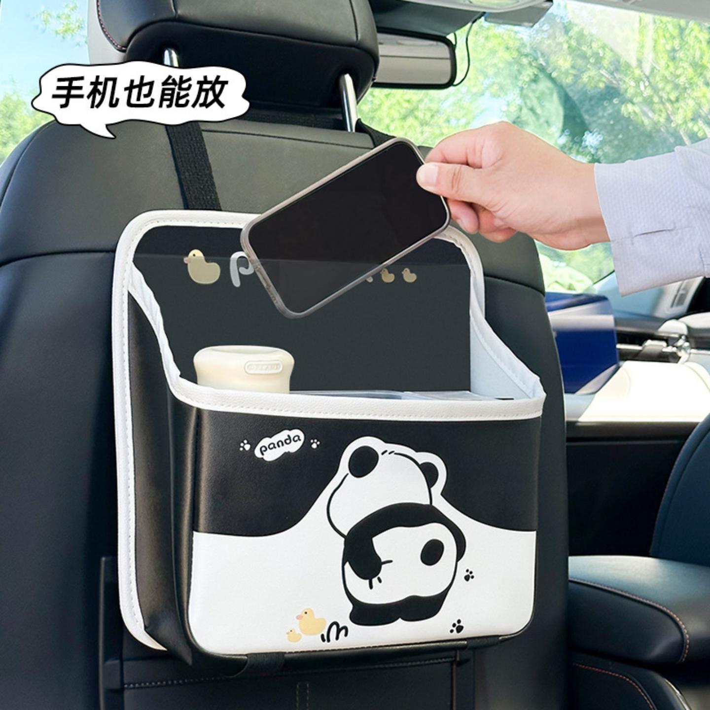 可爱熊猫汽车收纳袋皮革耐脏耐磨车载挂式置物袋车用垃圾桶纸巾盒