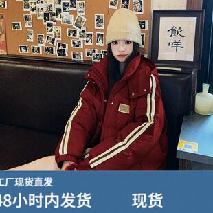 安哥拉红韩系连帽棉服女2025冬季学院风俏皮减龄宽松加绒加厚外套