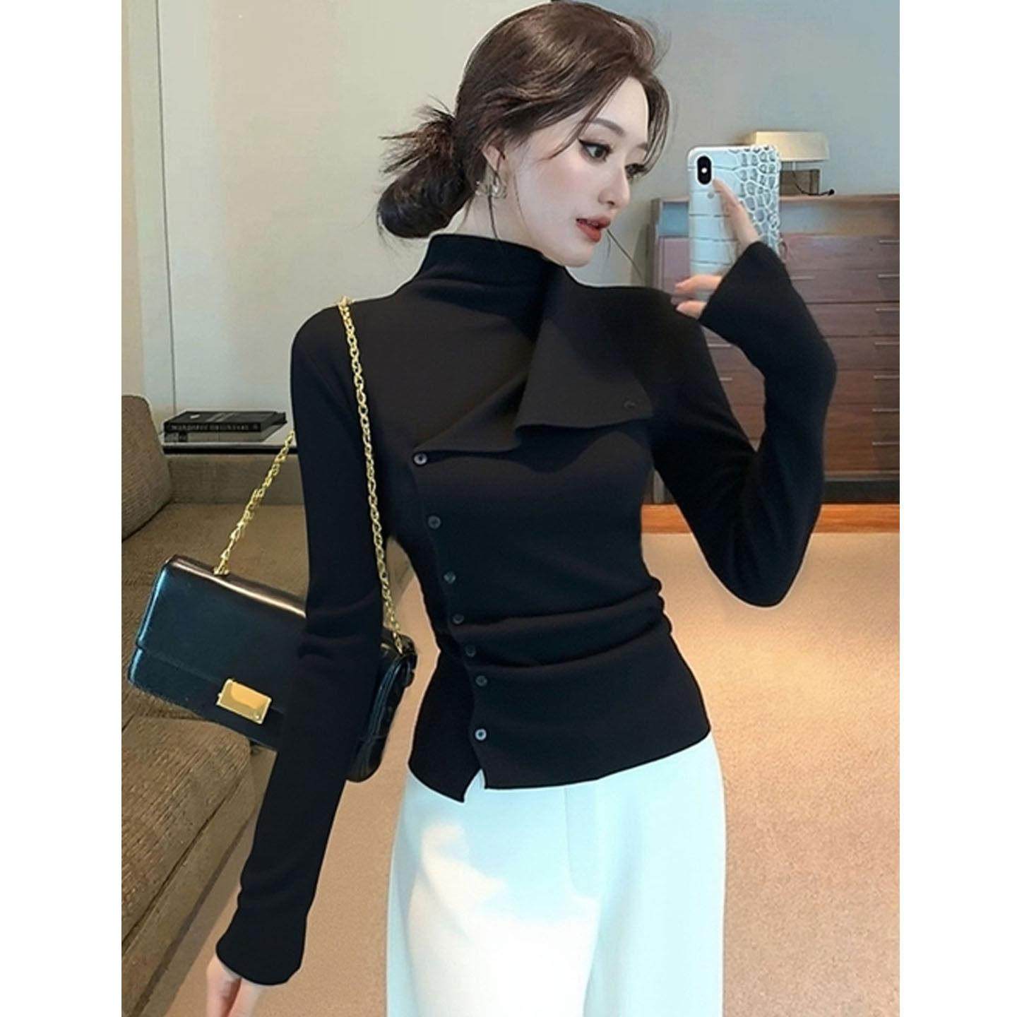 设计感绝美黑色高领不对称长袖毛衣针织衫女秋冬款洋气修身打底衫,女装/女士精品,大码内搭,淘宝优惠券,粉丝福利购,淘宝优惠卷