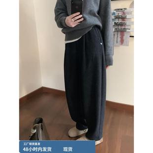 韩版灰色加绒加厚直筒休闲裤女冬季小个子萝卜裤宽松阔腿九分裤子