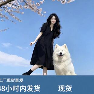 赫本风黑色V领时尚连衣裙女夏季大码百搭短袖收腰A字气质中长裙子