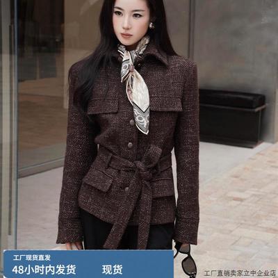 棕色外套女款秋高端大气上档次巨好看独特漂亮气质收腰小香风上衣