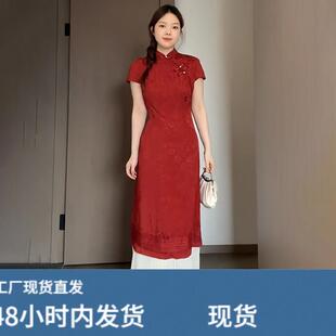 大码女装胖mm新中式立领假两件拼接旗袍连衣裙2025夏季显瘦长裙子
