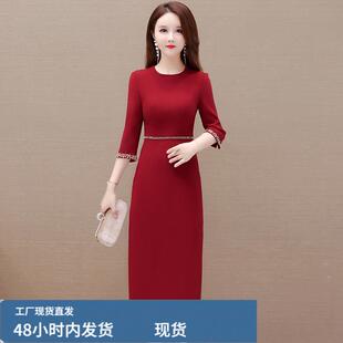气质妈妈装七分袖红色喜婆婆结婚旗袍2026年新款婚宴女士礼服裙子