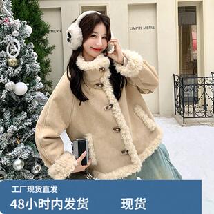 卡其色短款皮毛一体羊羔毛厚外套女秋冬新款超火好看加绒机车棉服