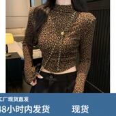 时髦复古豹纹半高领长袖 T恤女秋冬性感辣妹凸显身材垫肩短款 上衣i