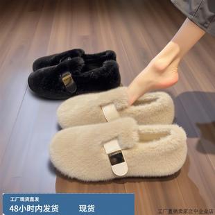 红色毛毛鞋女款秋冬外穿厚底内增高覆古软底法式豆豆鞋