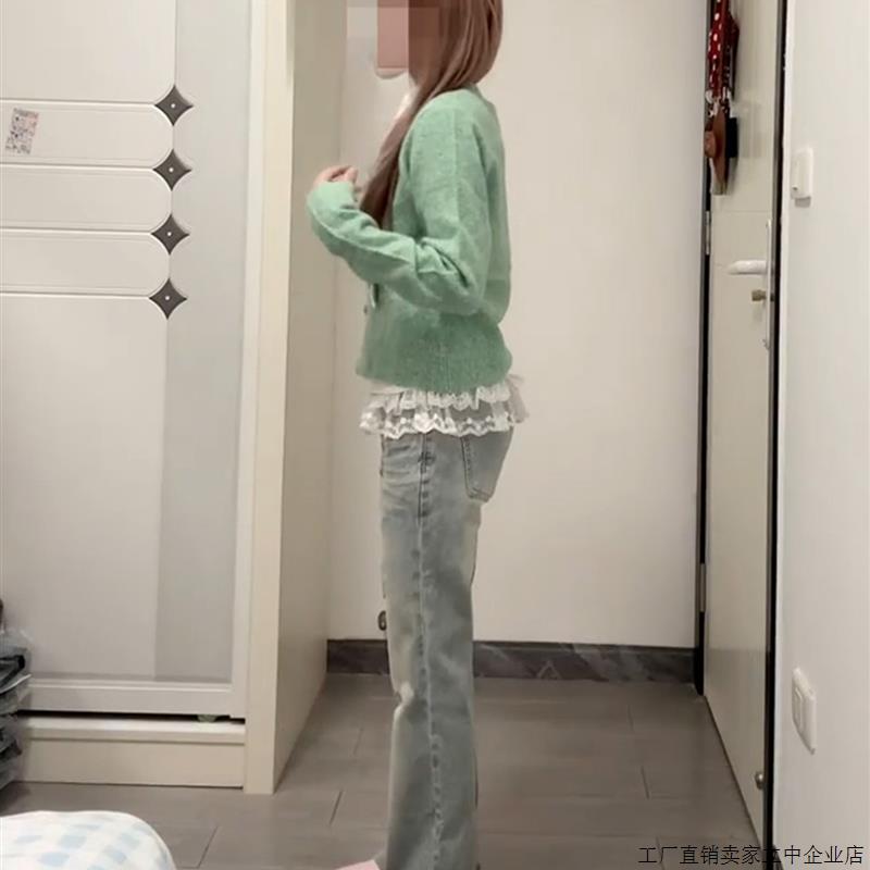 早秋穿搭韩系针织开衫上衣女春秋2025新款慵懒风覆古绿色毛衣外套