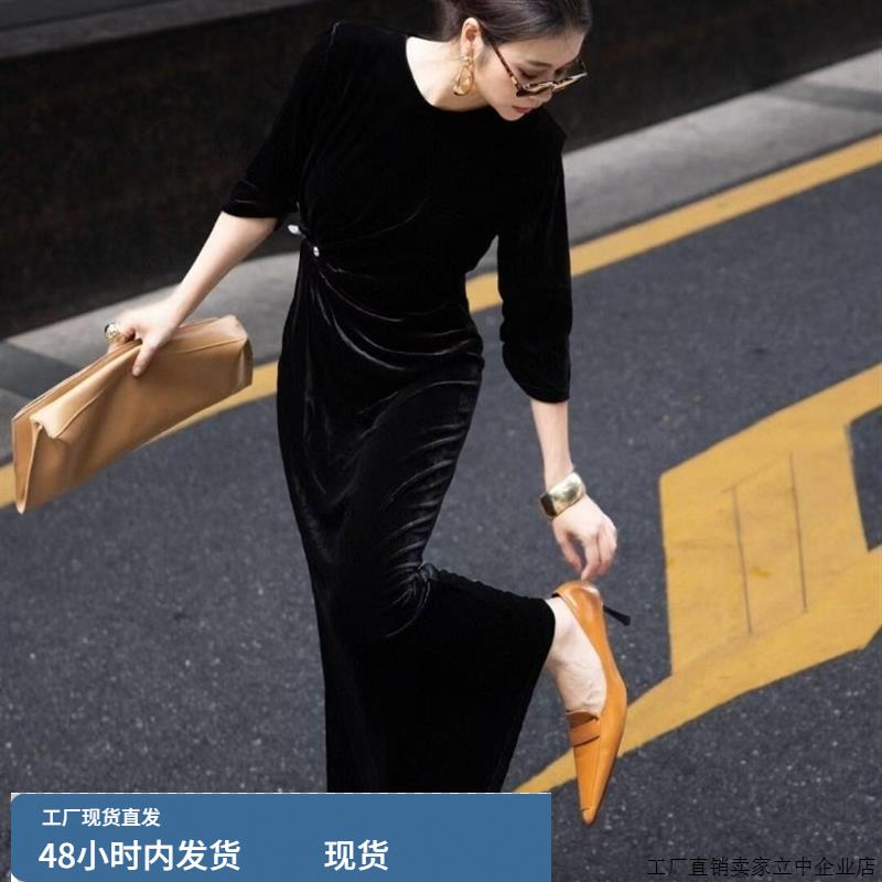 赫本风掐腰长裙女早秋巨好看气质大方得体绝美法式黑色丝绒连衣裙