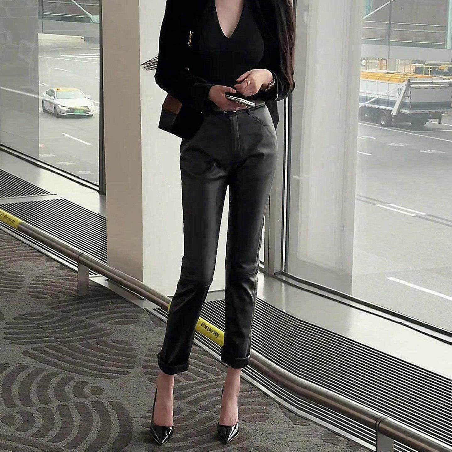 黑色高腰修身九分皮裤女2025新款冬季加绒加厚小个子显瘦铅笔裤子,女装/女士精品,大码裤装,淘宝优惠券,粉丝福利购,淘宝优惠卷