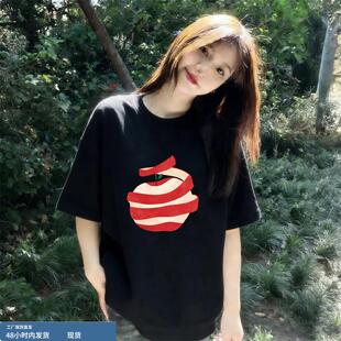 黑色欧货大版慵懒风印花短袖T恤女夏季纯棉初中生女大童半袖上衣