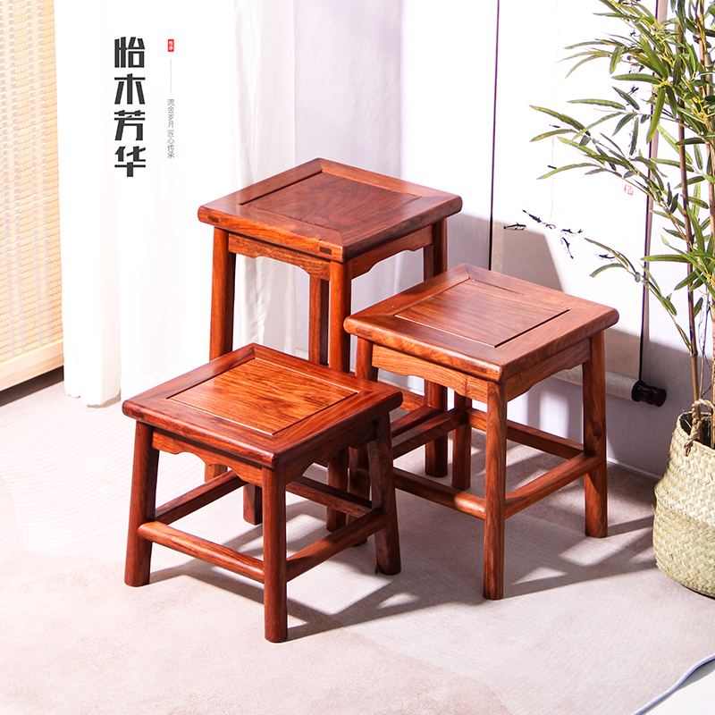 刺猬紫檀 新中式八字腿方凳 富贵凳实木矮凳餐凳换鞋凳 茶几凳梳