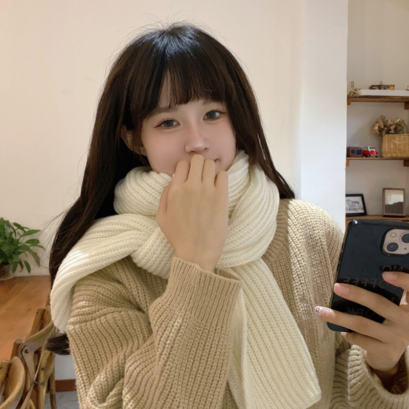 软糯厚实冬季保暖针织围巾女经典纯色毛线围脖白色黑色百搭年轻款