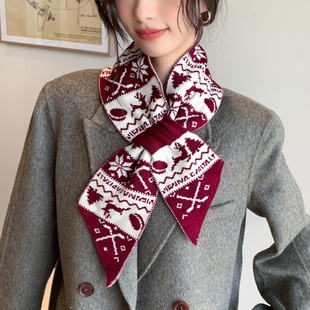 圣诞雪花小鹿双面针织可爱学生围巾女秋冬季穿窄口长条交叉巾围脖