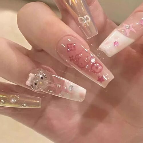 小猫穿戴甲中长款甜妹本命裸透粉渐变蝴蝶结长梯指甲贴美甲梯形