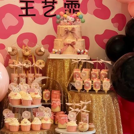 卡通女孩Hello Kitty生日蛋糕装饰粉色甜品台派对小公主KT猫插牌